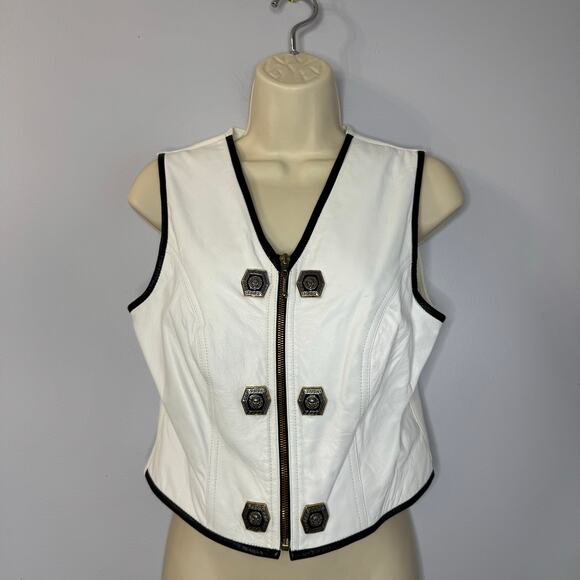 Cache Vintage White Leather Vest Full Zip Crest Gold Buttons Detail Stretch - Picture 1 of 13